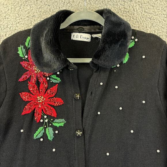 VTG 90s Womens Ugly Christmas Sweater Large Faux Fur Floral Beaded BP Design - Picture 2 of 13